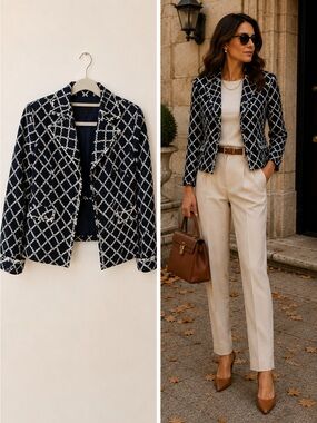 Talbots Petites 4P Navy Ivory Geometric Jacquard Blazer Jacket NWOT